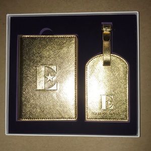 Elton John Golden Luggage Tag and Passport Holder Set- in box. NWOT.